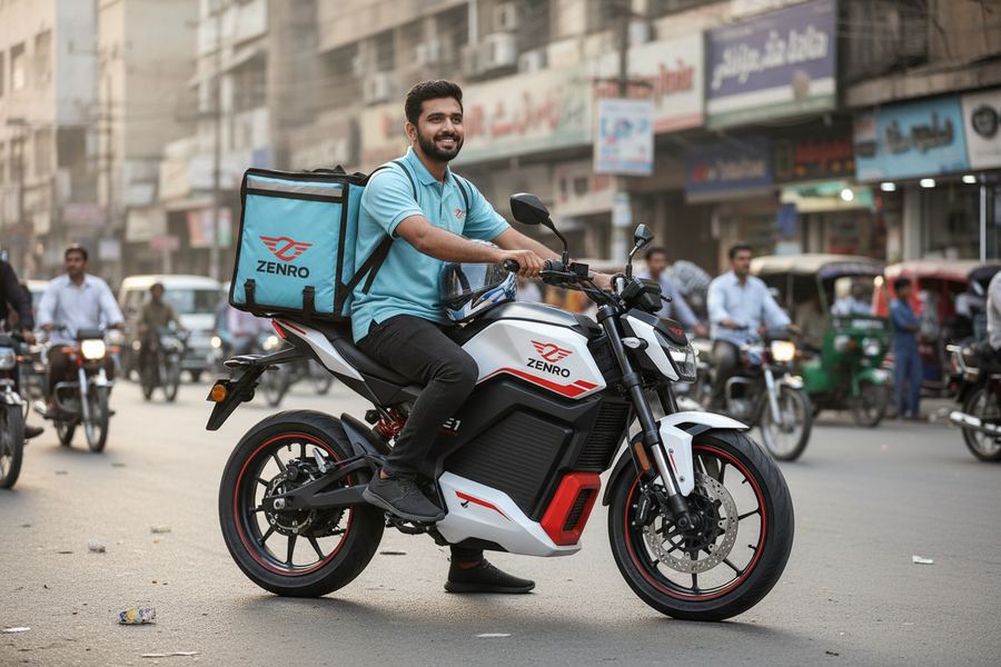 A delivery rider on a Zenro E1 in city traffic